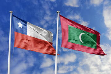 Flags of Chile and Maldives Waving Together Against a Dynamic Blue Sky, Symbolizing International...