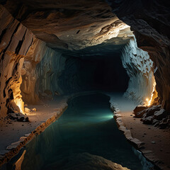 fantasy cave, futuristic corridor, moody cave, dark cavern,