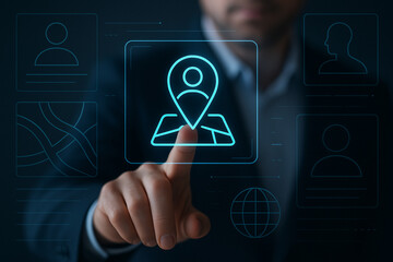 Futuristic User Location Interface with Finger Touch Interaction, Holographic Map Marker Icon and Digital Profile Elements in Dark Tech Theme