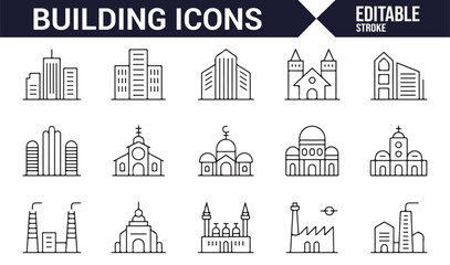 Architecture and Building Icons - Skyscrapers, Factories, and Churches