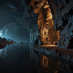 fantasy cave, futuristic corridor, moody cave, dark cavern,