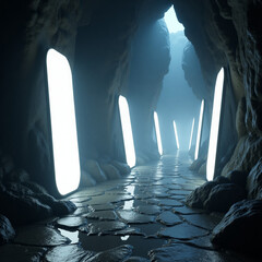 cave, illuminated path, stone floor, surreal lighting, glowing panels, fantasy cave, 