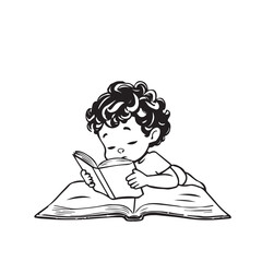 A cute boy reading a book isolated on white background