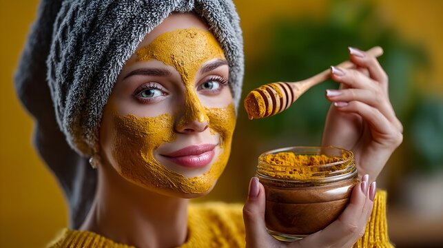 Woman applies turmeric face mask at home