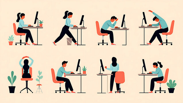 Diverse office workers demonstrate various healthy work postures at desks