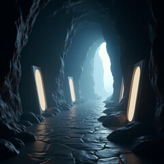 cave, illuminated path, stone floor, surreal lighting, glowing panels, fantasy cave, 