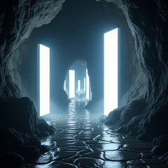 cave, illuminated path, stone floor, surreal lighting, glowing panels, fantasy cave, 