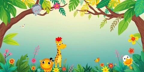 Obraz premium Cheerful cartoon jungle animals & tropical plants in flat style , cartoon, parrots