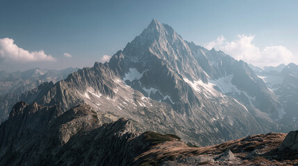 Aerial view of a large mountain range with snow patches under a blue sky and some clouds above it