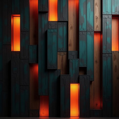 slats, warm lighting, abstract texture, illuminated wood, teal panels, interior decor, 