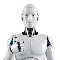 White robot ai humanoid giving thumbs up for artificial intelligence technology and innovation concept on transparent background