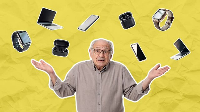 An elderly man spreads his hands in confusion under the gadgets above him. Concept of new technologies. Empty space for text. Stop motion animation on yellow paper background