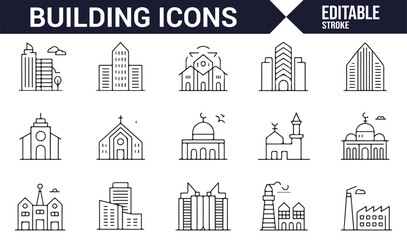 Obraz premium Various Building, Skyscraper, and Church Icons Collection