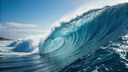 Ocean wave crashing with blue hues under clear sky  