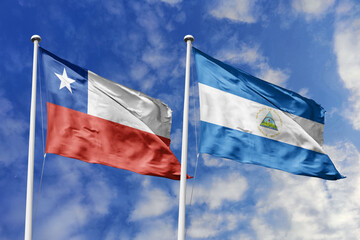 Flags of Chile and Nicaragua Waving Together Against a Dynamic Blue Sky, Representing International Diplomacy and Cooperation