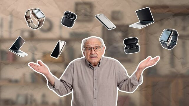 An elderly man spreads his hands in confusion under the gadgets above him. Concept of new technologies. Empty space for text. Smooth animation on color paper background