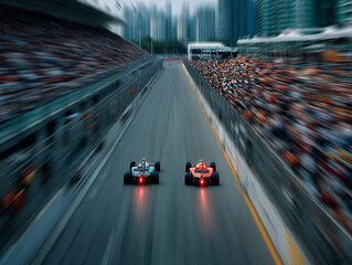 two Formula One race cars in motion on a track, with a blurred effect capturing the speed and movement of the vehicles. The cars are racing close to each other