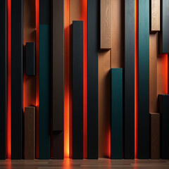 slats, warm lighting, abstract texture, illuminated wood, teal panels, interior decor, 