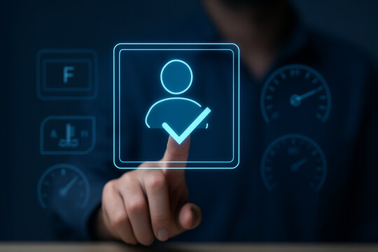 Futuristic holographic user profile with vehicle dashboard interface and finger touch authentication for automotive technology and digital identity UI.