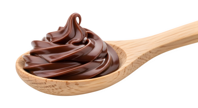 Delicious chocolate hazelnut spread on wooden spoon sweet dessert food photography product shot isolated on transparent background