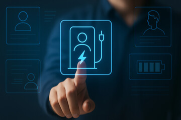 Futuristic digital user interface with holographic profile charging station concept, technology touch interaction, neon energy screen, power icon