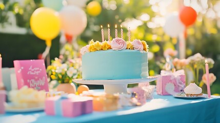 Birthday cake adorned with lit candles and flowers sits among gifts under sunlight