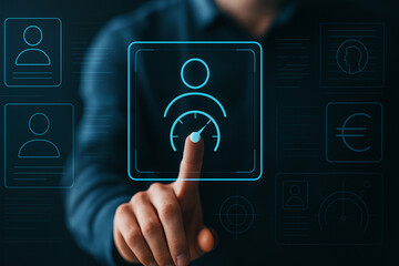 Futuristic User Profile Speedometer Interface Touchscreen in Neon Blue Holographic Style for Technology, Security, Data and Digital Design