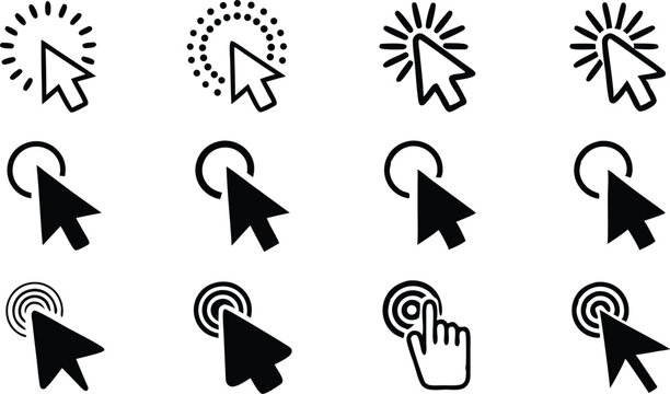 Collection of black and white click cursor icons illustrating various click states and interactions for user interface design
