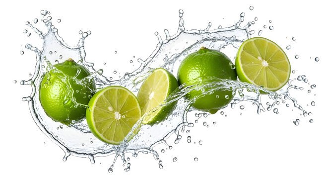 Fresh limes with water splash isolated on black background for healthy food and drink concept image on transparent background