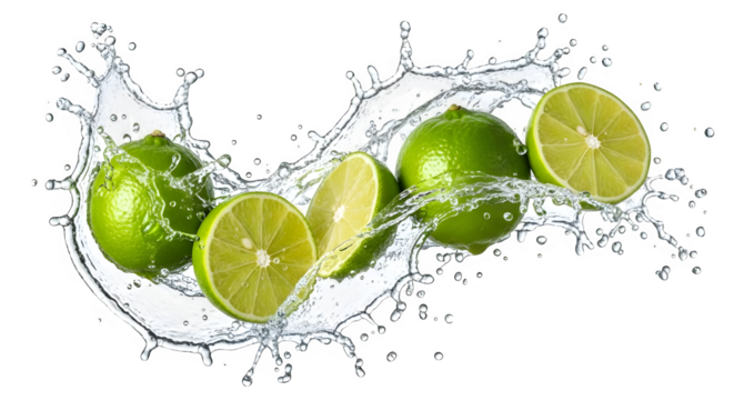 Fresh limes with water splash isolated on black background for healthy food and drink concept image on transparent background