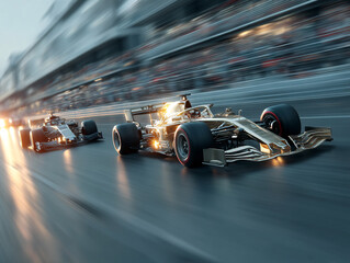 high-speed race track with two Formula 1 cars racing, one in white with red accents and the other in gold, surrounded by urban buildings and a blurred audience in the background.
