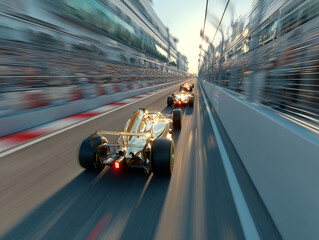 high-speed race track with two Formula 1 cars racing, one in white with red accents and the other in gold, surrounded by urban buildings and a blurred audience in the background.