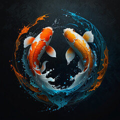 white koi, circular motion, water splash, aquatic art, Japanese style, duality, symbolism