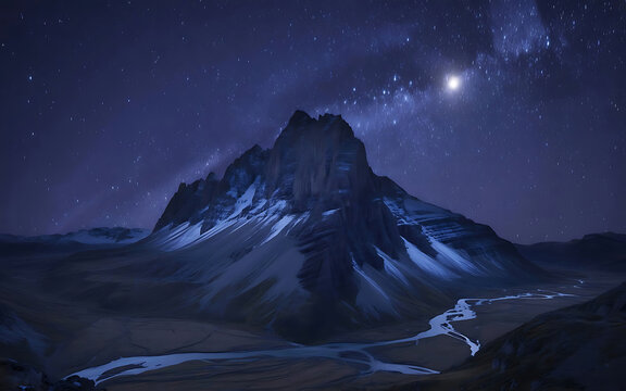 Majestic snow-capped mountain peak under a vibrant night sky filled with stars and a bright moon, serene landscape - Powered by Adobe