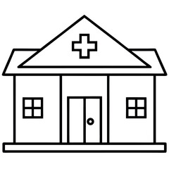 Black and White Line Drawing Clinic Building Simple Hospital Icon
