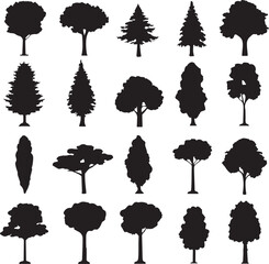 Collection of diverse tree silhouettes on white background suitable for nature related design projects and creative illustration purposes