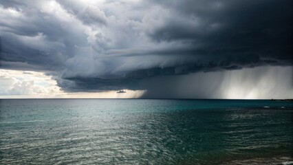 Storm clouds gathering over calm ocean water at seaside  