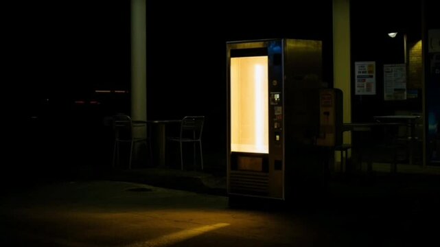 A highway rest stop vending machine glows in an otherwise dark space.