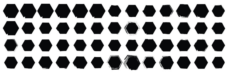 A set of hand-drawn hexagon shapes with both solid and outlined black grunge textures, ideal for backgrounds, UI icons, design patterns, and framing.

