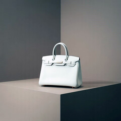 Elegant light blue Birkin handbag displayed on a minimalist gray platform. The bag's clean lines and luxurious texture are highlighted against the neutral backdrop.