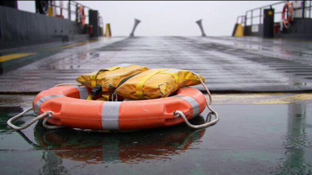 A lifejacket sits alone on the edge of a ferry ramp.