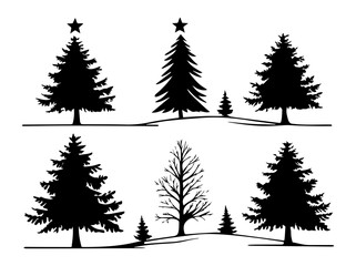 Obraz premium Silhouetted Christmas Tree Vector Set with Decorations and Bird