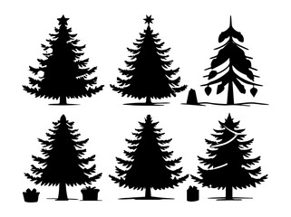 Silhouetted Christmas Tree Vector Set with Decorations and Bird