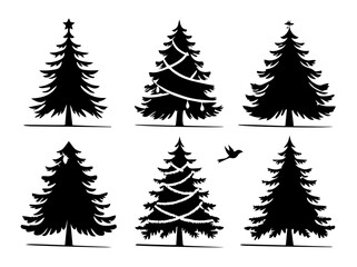 Silhouetted Christmas Tree Vector Set with Decorations and Bird