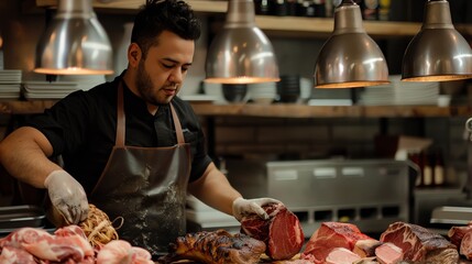 A butcher in a black apron and gloves cuts a large piece of meat on a wooden table. He is surrounded by different cuts of meat.