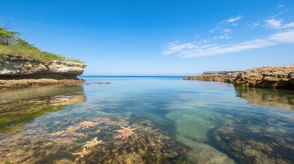 Coastal view of a calm bay with clear water, reflecting the sky and rocks.  Starfish are visible in the shallows