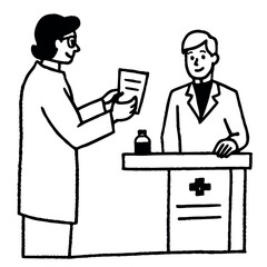 Black and white sketch pharmacist handing prescription