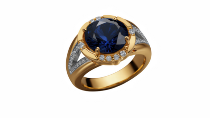 Gold ring with blue gemstone and diamond accents on white background  