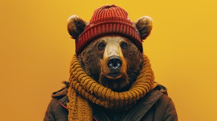 Portrait of a brown bear wearing a red beanie and a yellow scarf. The bear is looking at the camera with a serious expression.