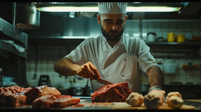 A chef wearing a white uniform and hat is expertly slicing a large cut of meat on a wooden cutting board.
